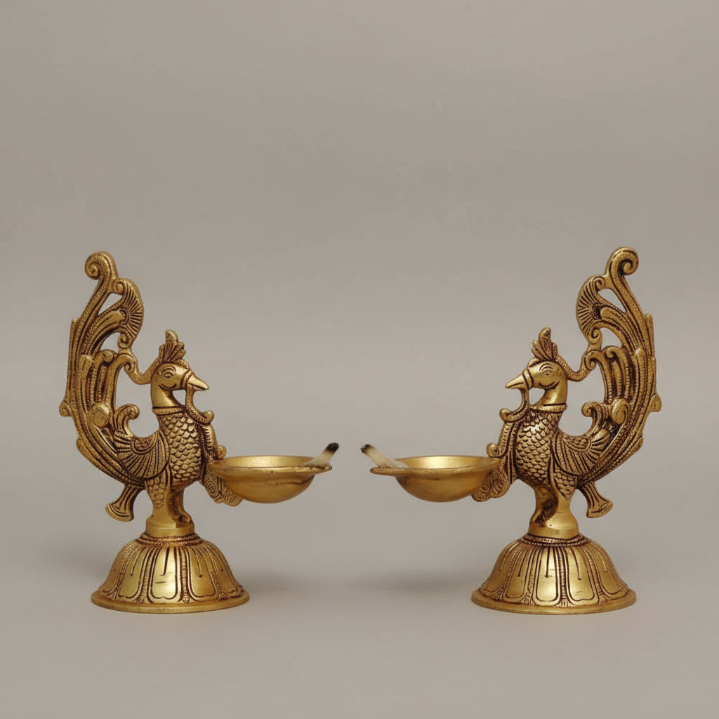brass peacock diya set of 2 for home décor/ diwali/ housewarming